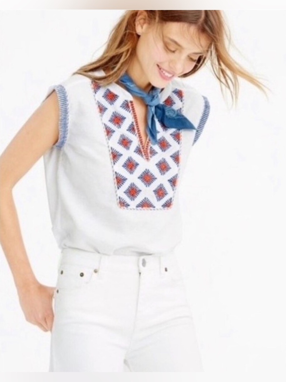 J. Crew Sunburst Embroidered Boho Linen Sleeveless Blouse 4